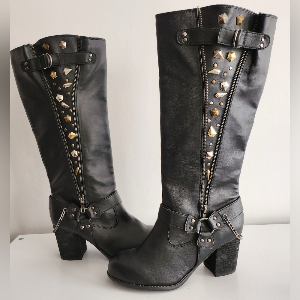 Yellow Box Black Studded Knee High Boots Size 8.5 NWOT
